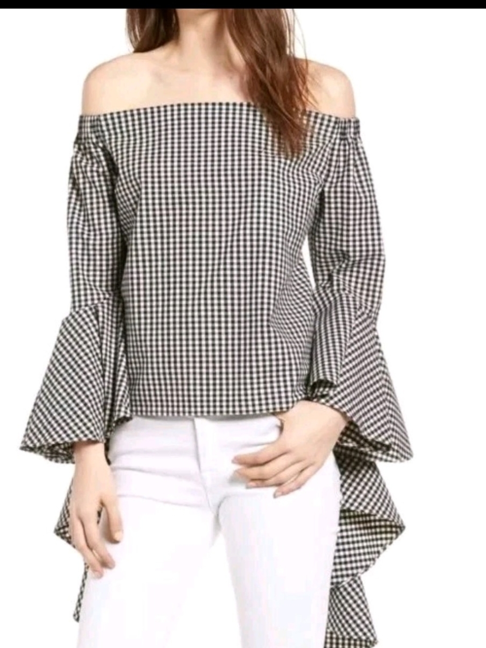 Off-Shoulder Black and White Gingham Bell Sleeve Top